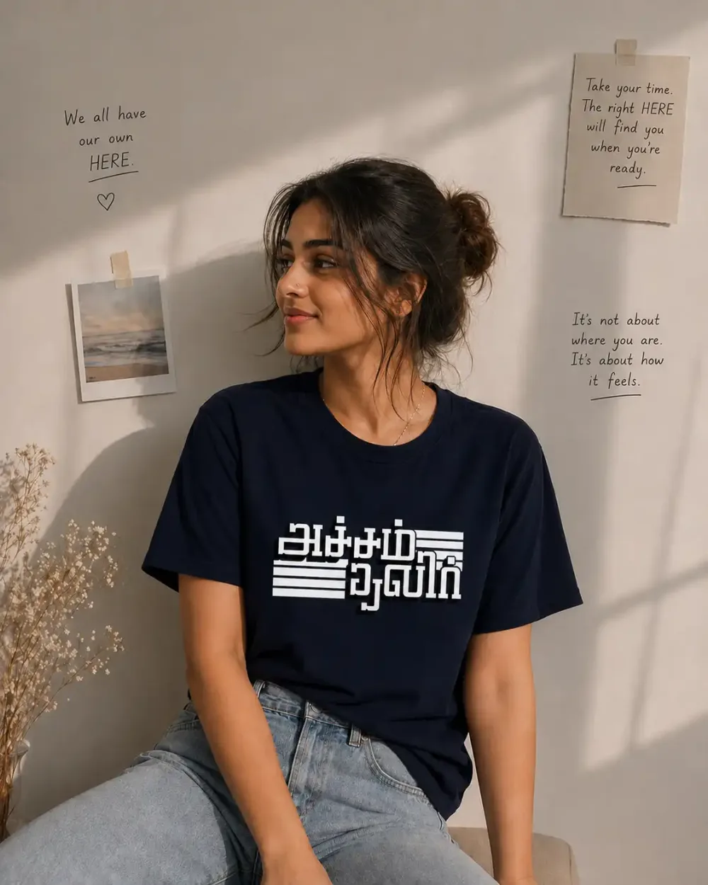 Acham Thavir Tamil Typography T-Shirt - Unisex Navy Blue
