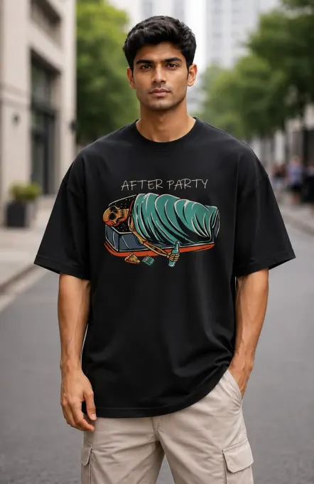 After Party oversized black graphic t-shirt, front view