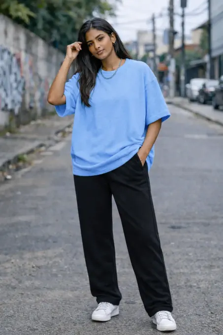 Baby blue terry oversize t-shirt, front view showing soft looped fabric and relaxed fit