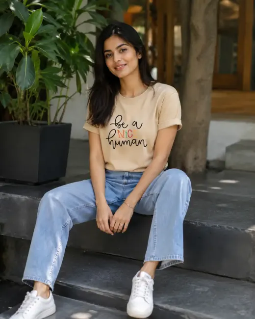 Be a Nice Human Supima cotton t-shirt with printed slogan, crew-neck casual tee