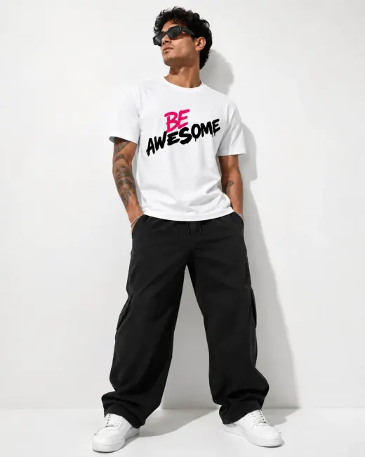 Model wearing Be Awesome Tee – oversized Supima cotton t-shirt with relaxed fit.