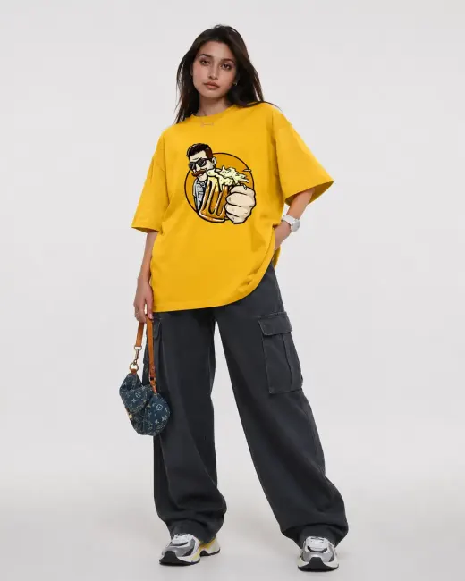 Beer Cheers oversized graphic t-shirt with front 'Cheers' print, relaxed oversized fit shown on model