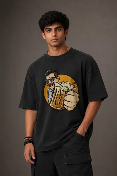 Oversized t-shirt featuring a bold "Beer Cheers" graphic print, relaxed streetwear fit