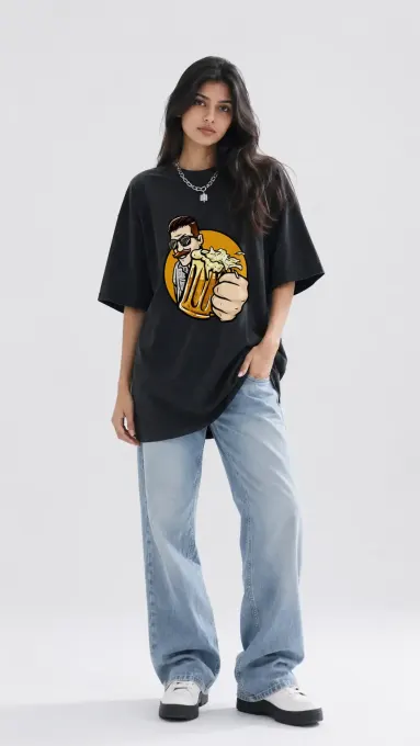 Oversized graphic t-shirt featuring a bold 'Beer Cheers' print on the front