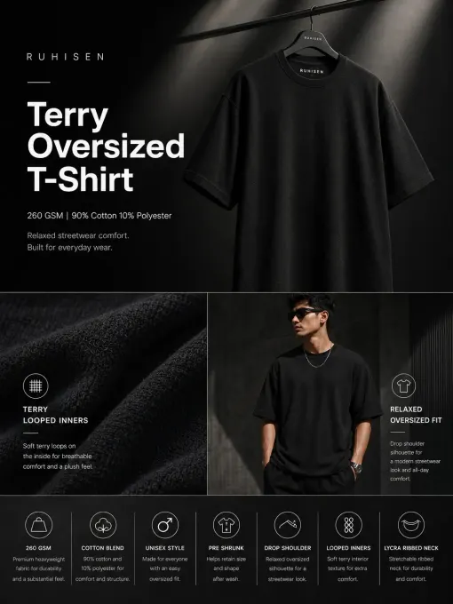 Black terry oversize t-shirt with crew neck and short sleeves showing soft looped texture and relaxed oversized fit