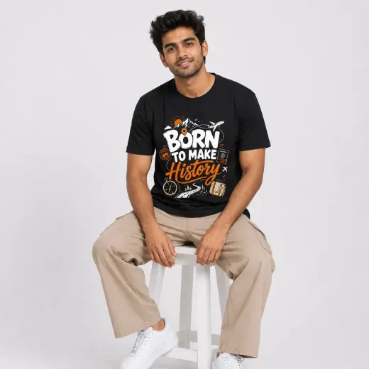 Black graphic t-shirt with bold 'Born To Make History' text printed on the front
