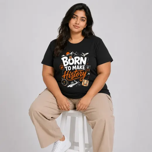 Plus-size unisex black ‘Born To Make History’ regular-fit Supima cotton T-shirt, front view