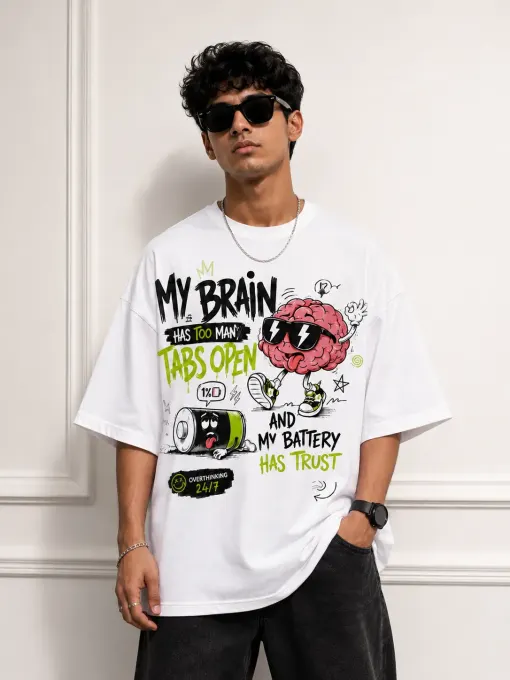 Oversize t-shirt featuring a bold 'Brain Overload' graphic centered on the chest