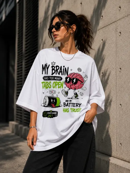 Oversized cotton t-shirt with 'Brain Overload' graphic, front view