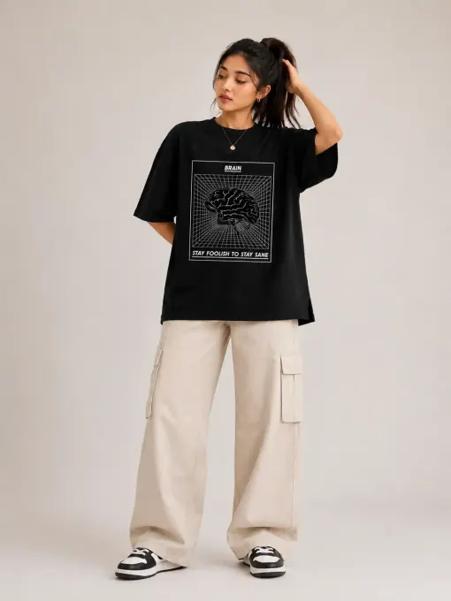 Front view of Brain oversized graphic T-shirt featuring bold brain artwork on the chest