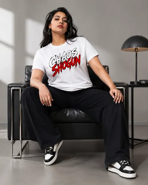 Chaos Shogun Supima cotton plus-size T-shirt with bold graphic print, crew neck and relaxed fit