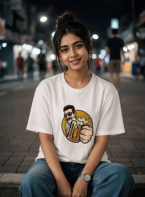 Supima cotton t-shirt with 'Cheers and Chill' graphic on front, relaxed oversized fit