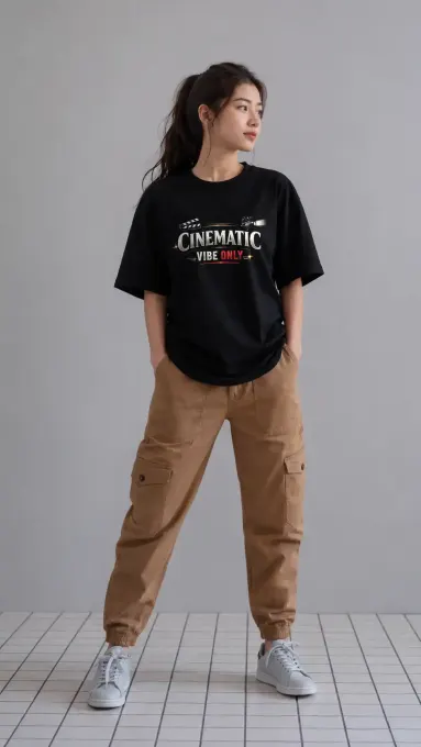Cinematic Vibe Only graphic Supima cotton T-shirt, front view showing chest print
