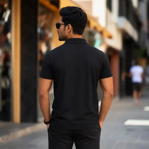 Classic solid black polo t-shirt, front view