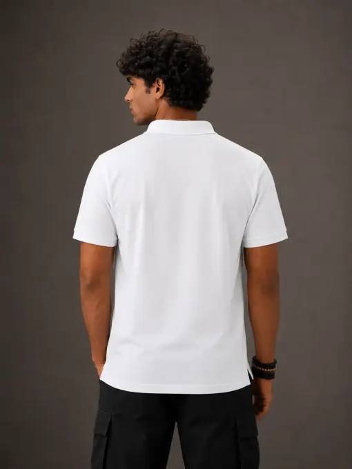 Classic solid white polo t-shirt on plain background