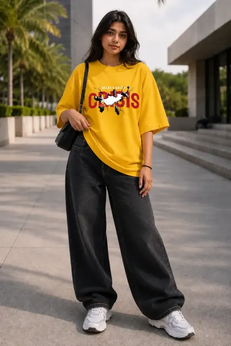 Model wearing Crisis oversized graphic t-shirt with bold front print and relaxed fit