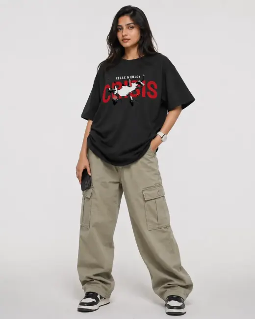 Crisis oversized graphic t-shirt with large front print displayed on a plain background