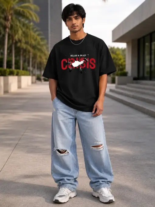 Model wearing Crisis oversized graphic t-shirt with bold front print and relaxed fit