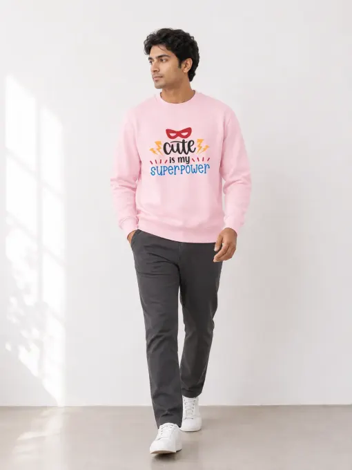 Oversized sweatshirt with 'Cute Is My Superpower' graphic on the front, front view
