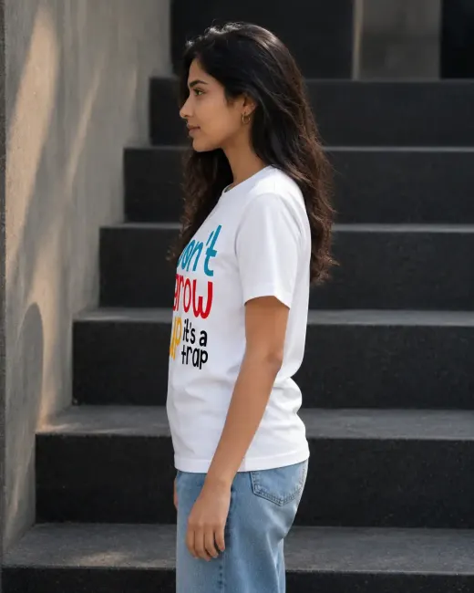 Supima cotton t-shirt with "Don't Grow Up It's A Trap" graphic print