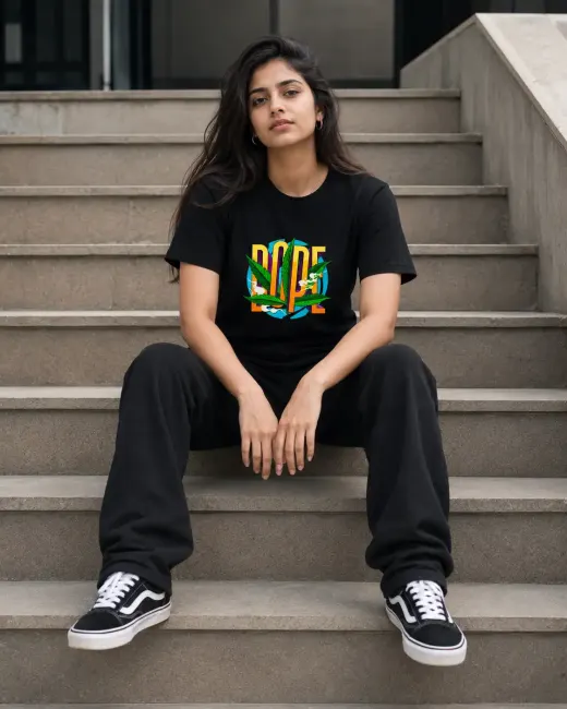 Oversized t-shirt with bold 'DOPE' typography graphic across the chest, premium Supima cotton tee.