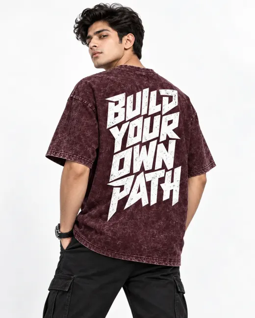 Elevate 'Build Your Own Path' acid-wash oversized T-shirt — front view showing acid-wash pattern and relaxed oversized fit