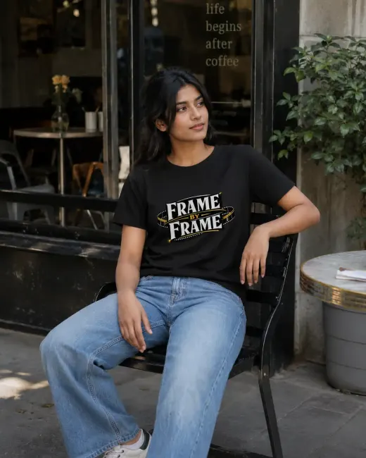 Frame By Frame cinema graphic Supima cotton oversized t-shirt, front view on neutral background