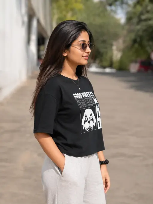 Supima cotton t-shirt with 'Good Vibes Only' streetwear graphic — front view
