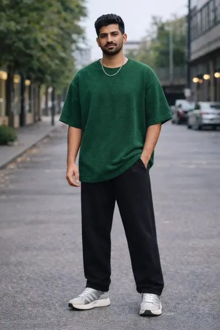Green terry oversize t-shirt with crew neck and relaxed fit