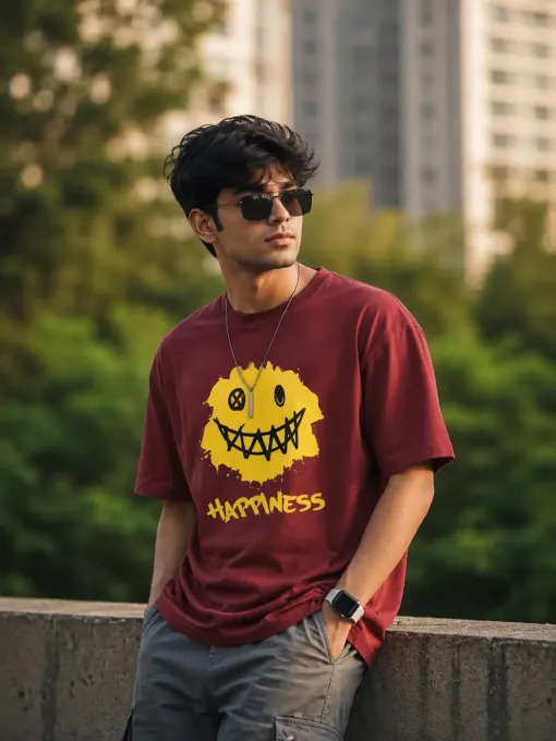 Supima cotton t-shirt featuring a grunge smiley graphic with 'Happiness' text