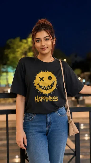 Supima cotton t-shirt featuring a grunge-style smiley graphic and 'Happiness' text on the front