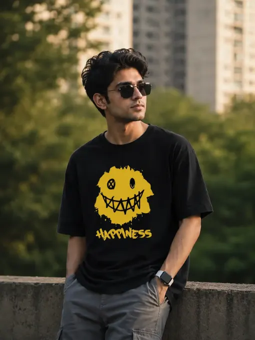 oversized off-white Supima cotton t-shirt with distressed grunge smiley graphic on front