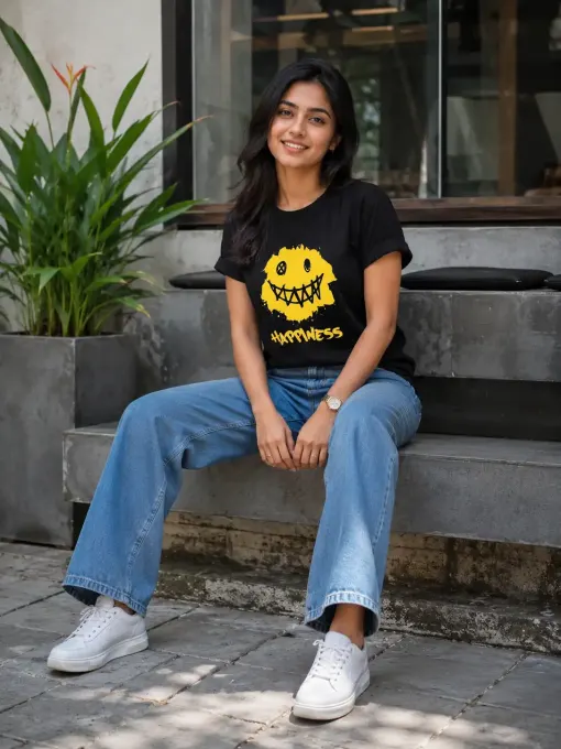 Supima cotton t-shirt featuring a grunge smiley graphic with 'Happiness' text