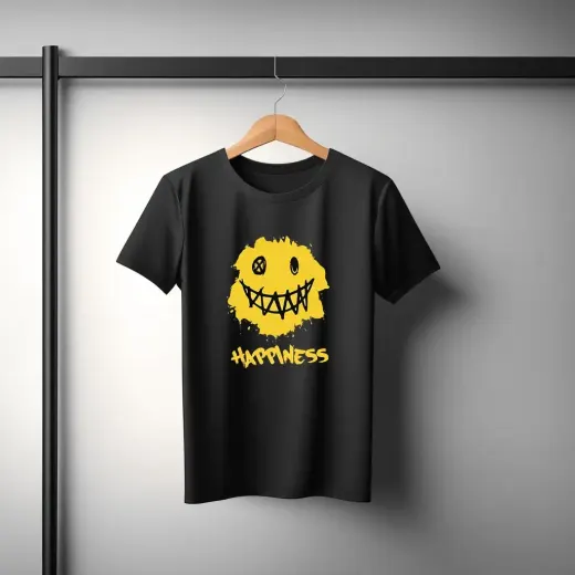 Happiness Grunge Smiley graphic Supima cotton t-shirt displayed on plain background