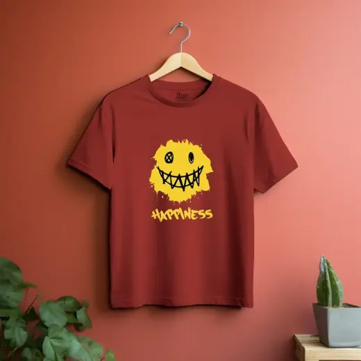 Happiness Grunge Smiley Graphic Supima Cotton T-Shirt with distressed smiley graphic on the front