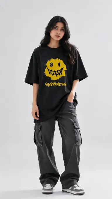 Happiness oversized graphic t-shirt — front view showing oversized fit and bold graphic print