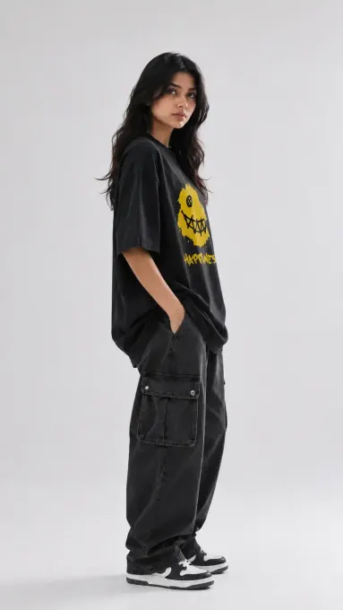 Person wearing Happiness oversized graphic t-shirt showing relaxed oversized fit and front graphic
