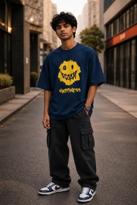 Front view of 'Happiness' oversized graphic t-shirt with bold text print and relaxed, drop-shoulder fit