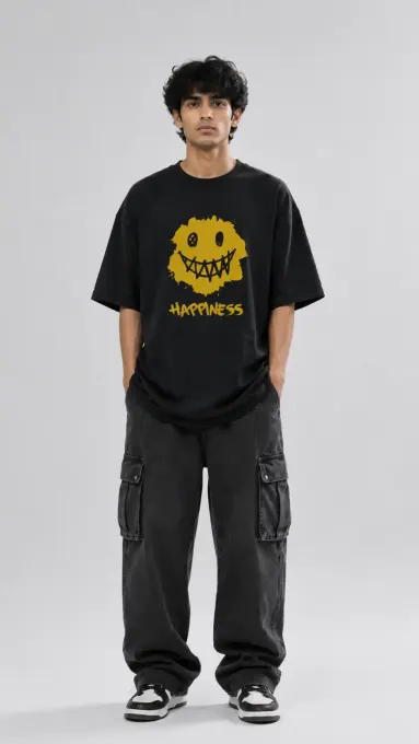 Happiness oversized graphic t-shirt showing front graphic on an oversized fit