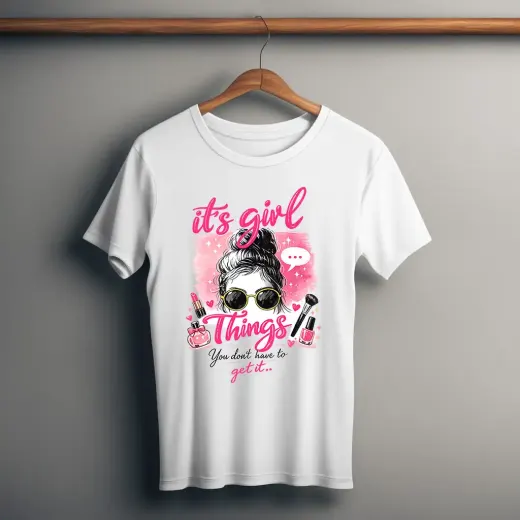 White cotton-stretch t-shirt with "It's Girl Things" graphic print