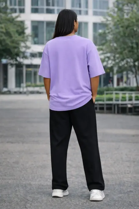 Lavender terry oversize t-shirt in front view, relaxed oversized fit with short sleeves