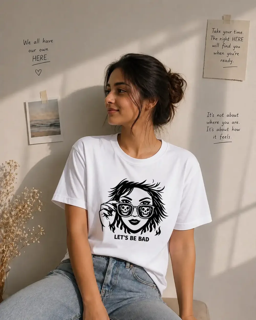 Let's Be Bad Skull Glasses White Graphic T-Shirt