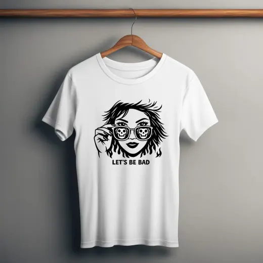 White cotton stretch t-shirt with 'Let's Be Bad' skull wearing glasses graphic