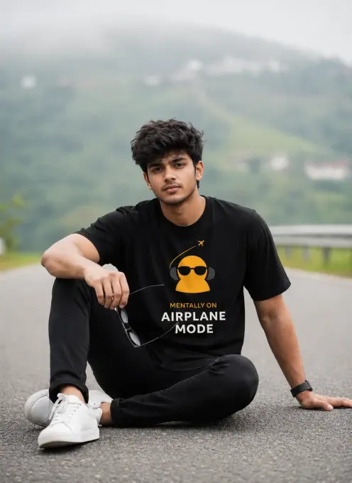 Supima cotton 'Airplane Mode' graphic t-shirt with minimalist airplane icon on chest