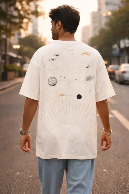 Men's all-over-print t-shirt featuring celestial graphics and affirmation text, short-sleeve casual tee