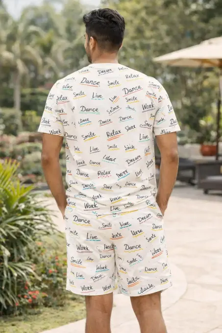 Men's Daily Mantra Typography AOP shorts with all-over typography print, relaxed streetwear fit