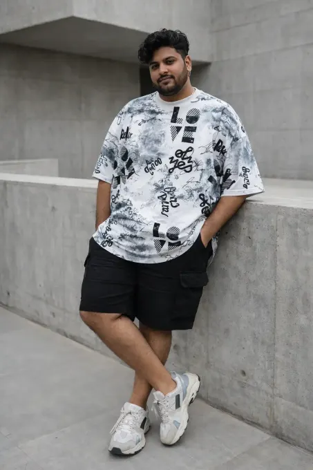 Men's Monochrome Typography Oversized AOP T-Shirt