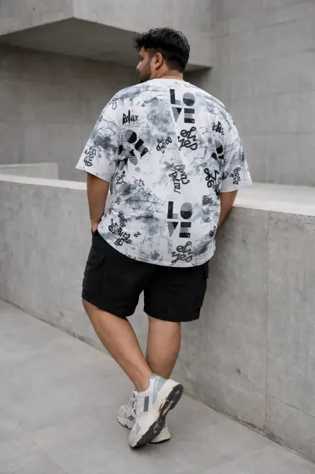 Men's monochrome oversized typography all-over-print t-shirt, front view