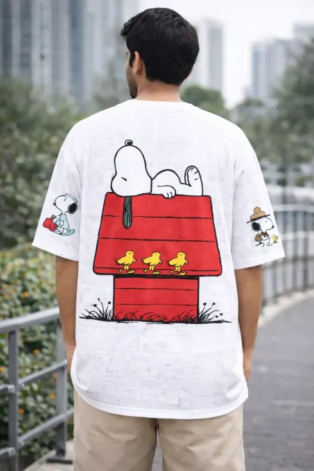 Men's oversized all-over-print t-shirt featuring retro cartoon beagle personas on a white tee