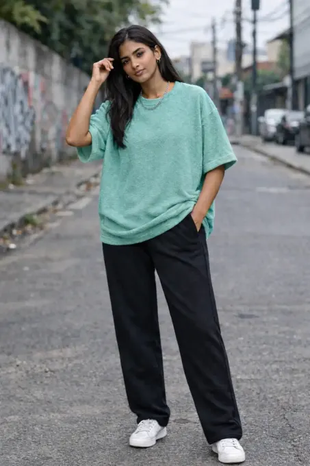 Mint green terry oversize T-shirt with relaxed fit and short sleeves